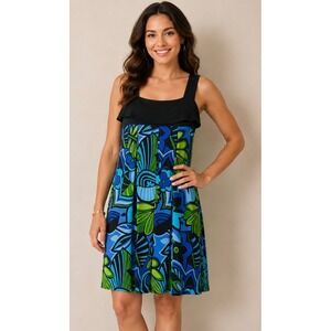 Maggy L Womens Blue Green Geometric Floral Print Sleeveless Shift Dress Size 12